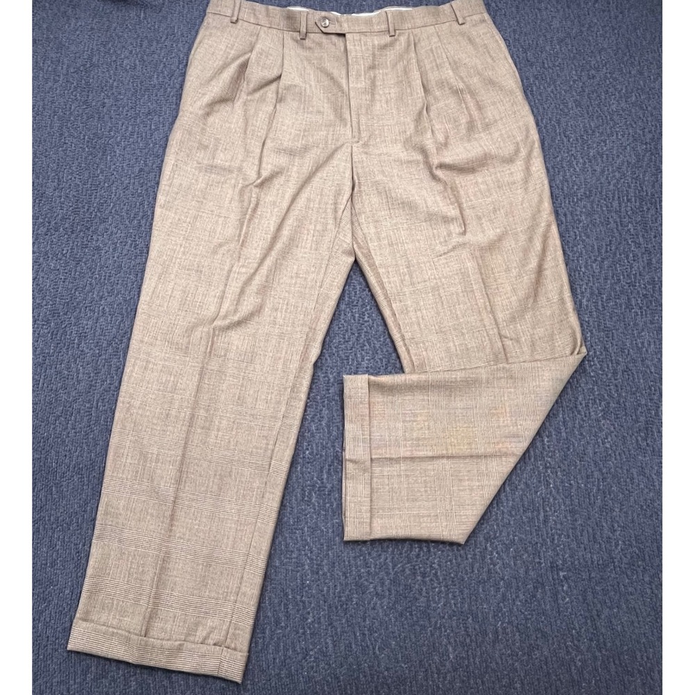 Lauren Ralph Lauren Mens 42x32 Wool Glen Plaid Pleated Cuffed Dress Pants Tan